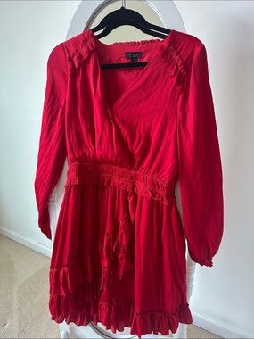 Current Air Red Long-Sleeve Ruffle Wrap Dress